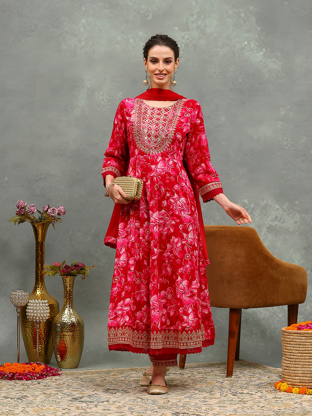 Embroidered Cotton Kurta With Pants &amp; Dupatta