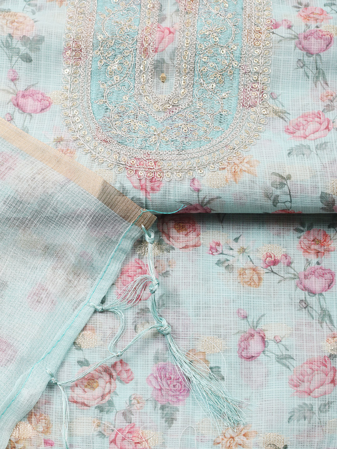 Embroidered Cotton Blend Unstitched Suit With Pant &amp; Dupatta