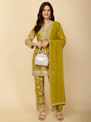 Floral Embroidery Georgette Kurti With Pants & Dupatta