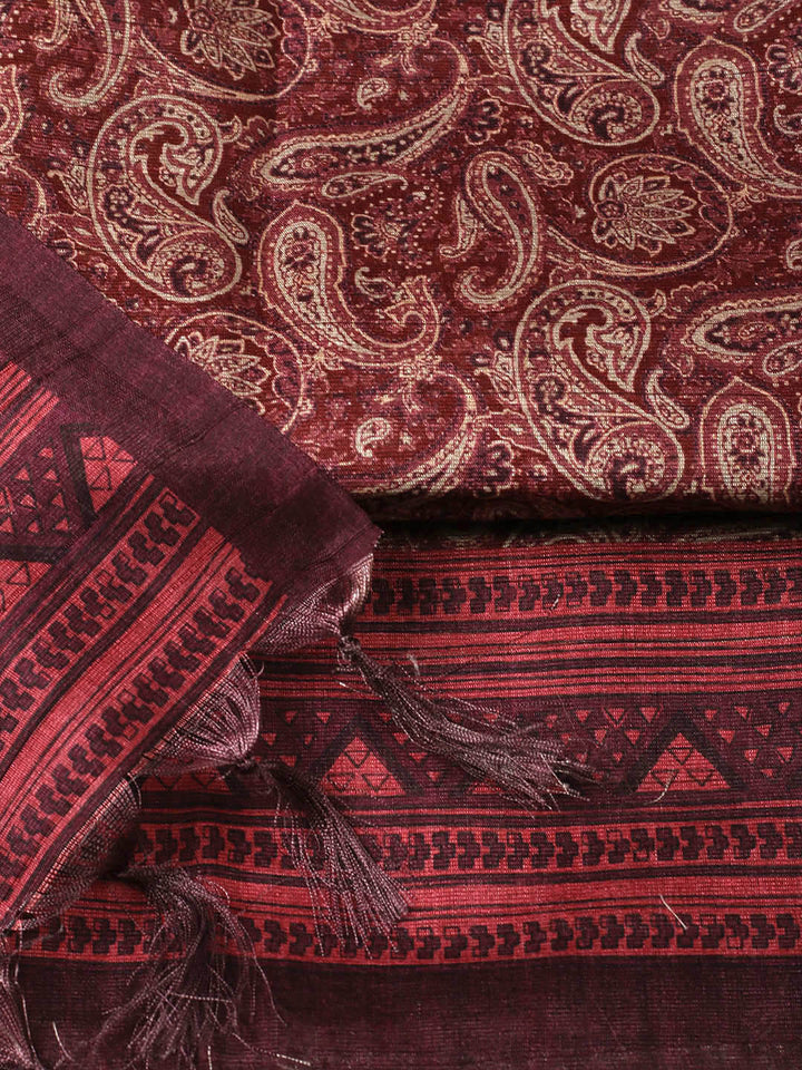 Printed Chanderi Unstitched Suit With Pant &amp; Dupatta