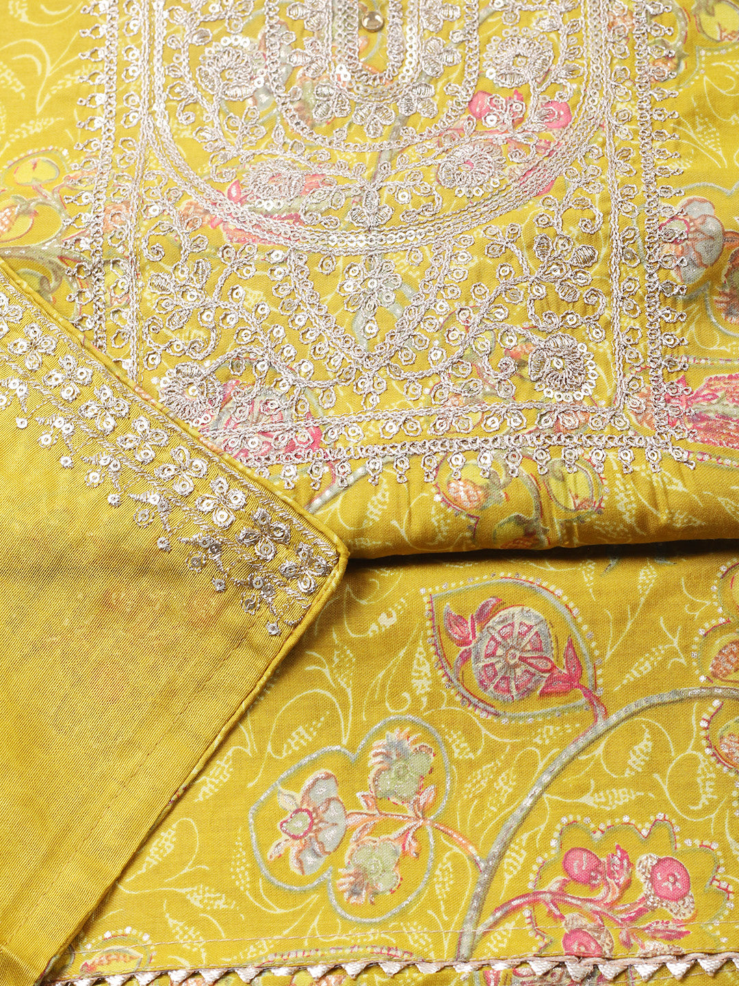 Printed Cotton Blend Unstitched Suit With Pant &amp; Dupatta