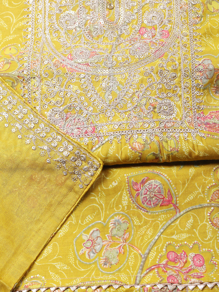 Printed Cotton Blend Unstitched Suit With Pant &amp; Dupatta