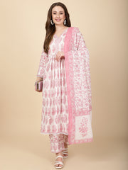 Floral Block Printed Cotton Kurta With Pants & Dupatta