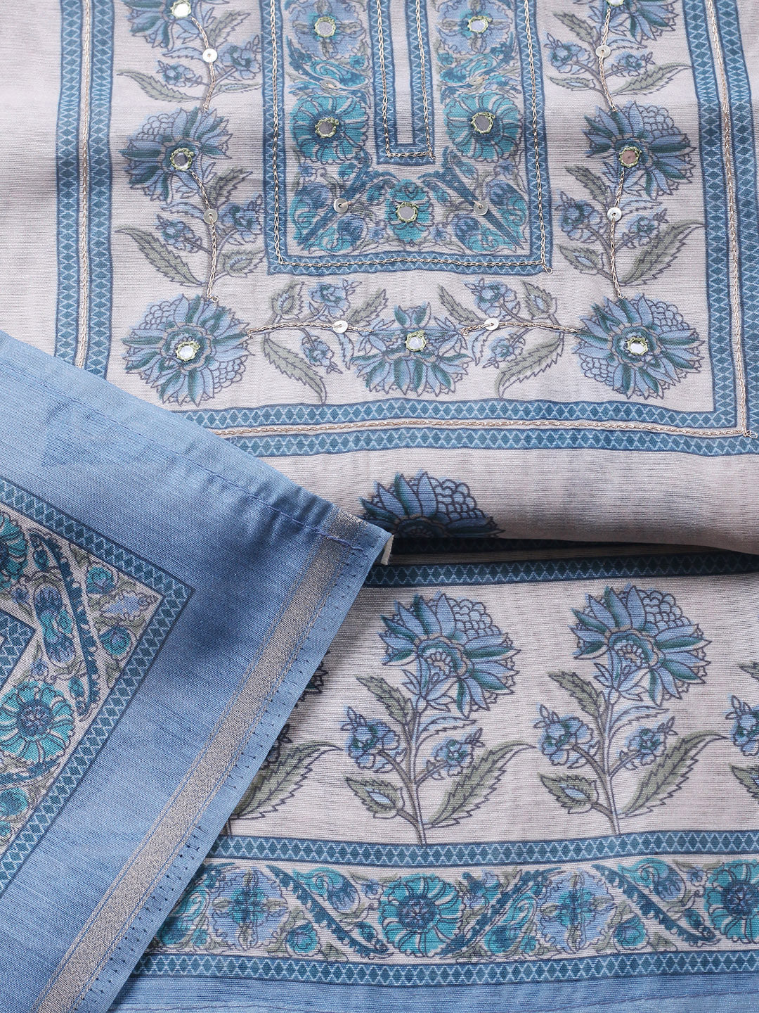 Printed Chanderi Unstitched Suit With Pant &amp; Dupatta