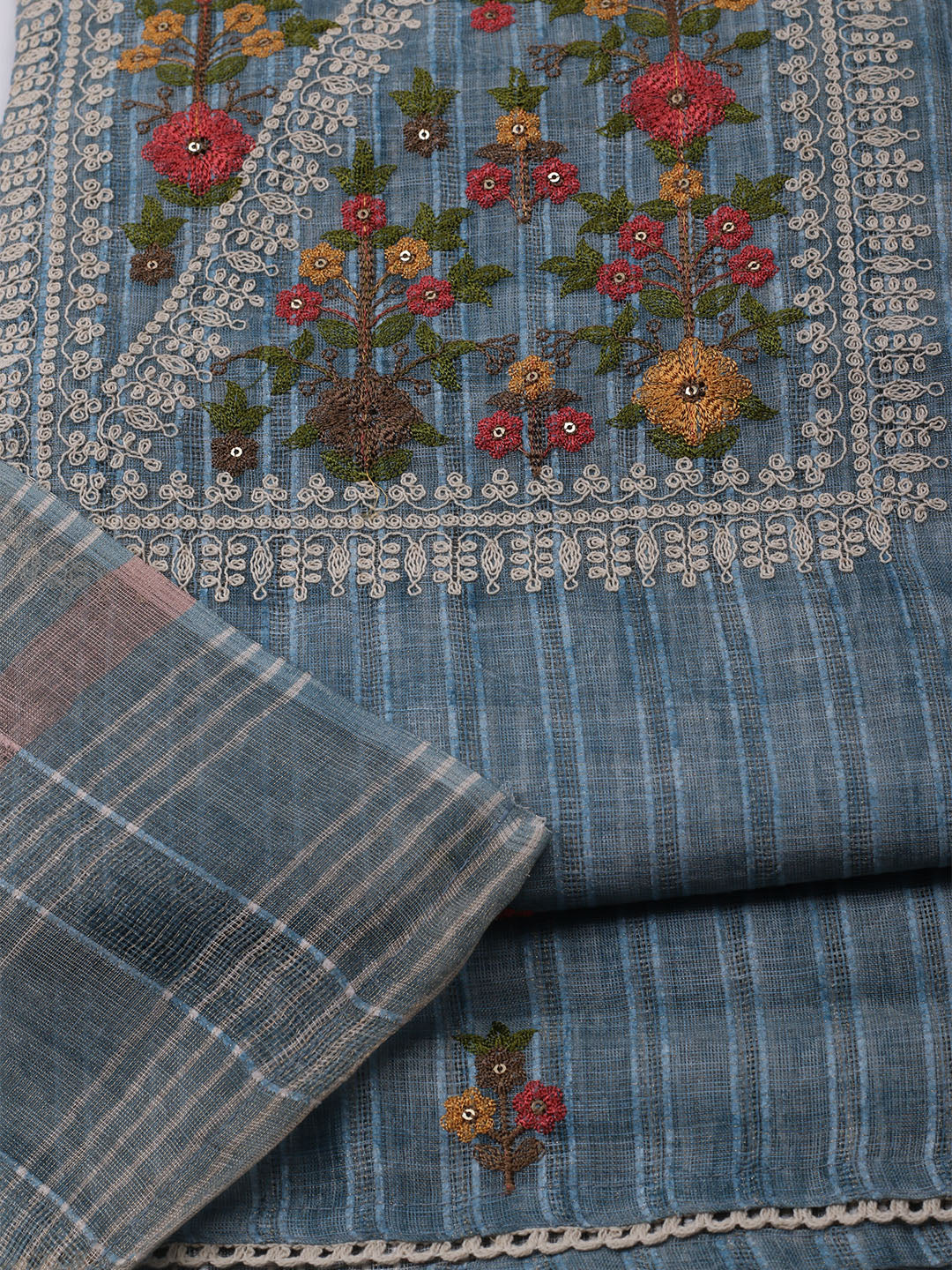 Embroidered Linen Unstitched Kurta With Pant & Dupatta