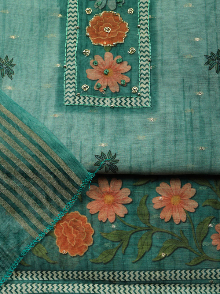 Embroidered Cotton Blend Unstitched Suit With Pant &amp; Dupatta