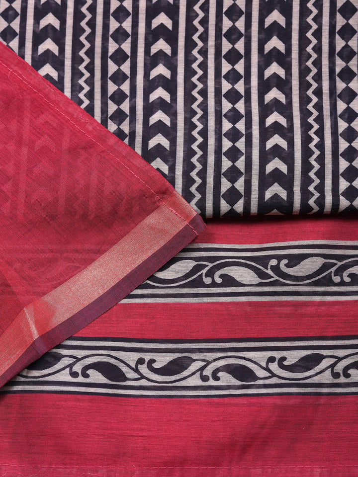 Printed Chanderi Unstitched Suit With Pant &amp; Dupatta