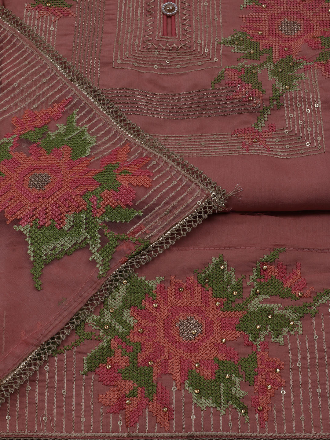 Neck Embroidered Chanderi Unstitched Suit With Dupatta