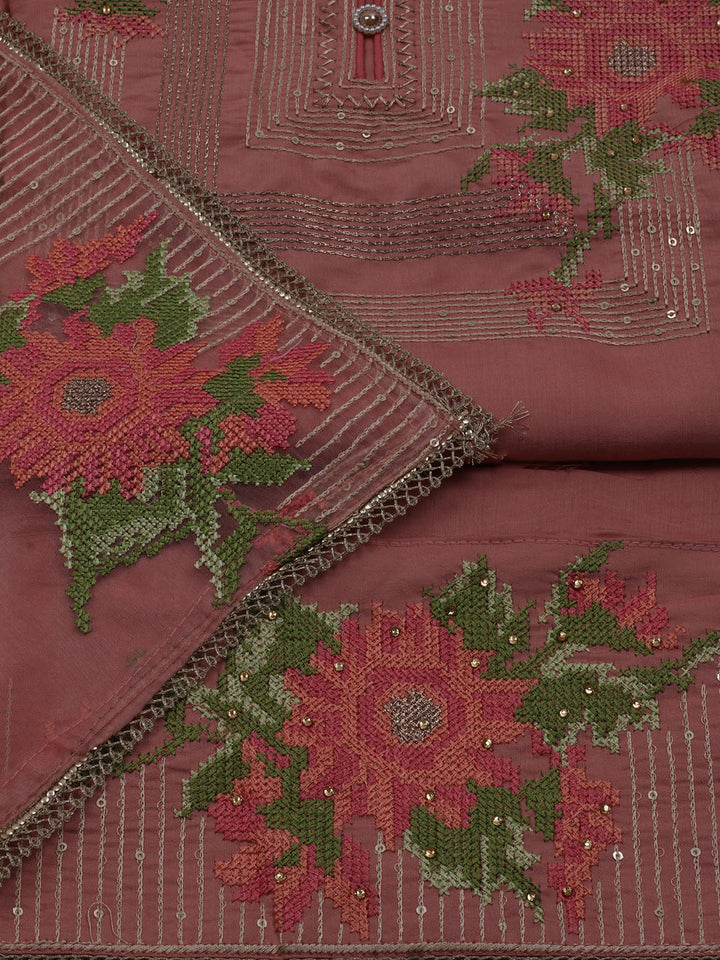 Neck Embroidered Chanderi Unstitched Suit With Dupatta
