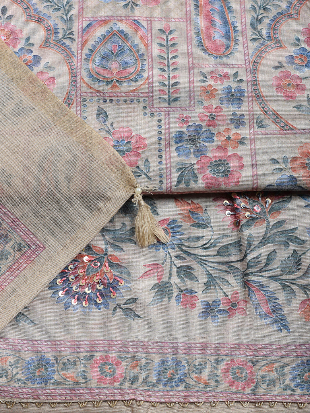 Printed Linen Blend Unstitched Suit With Pant &amp; Dupatta