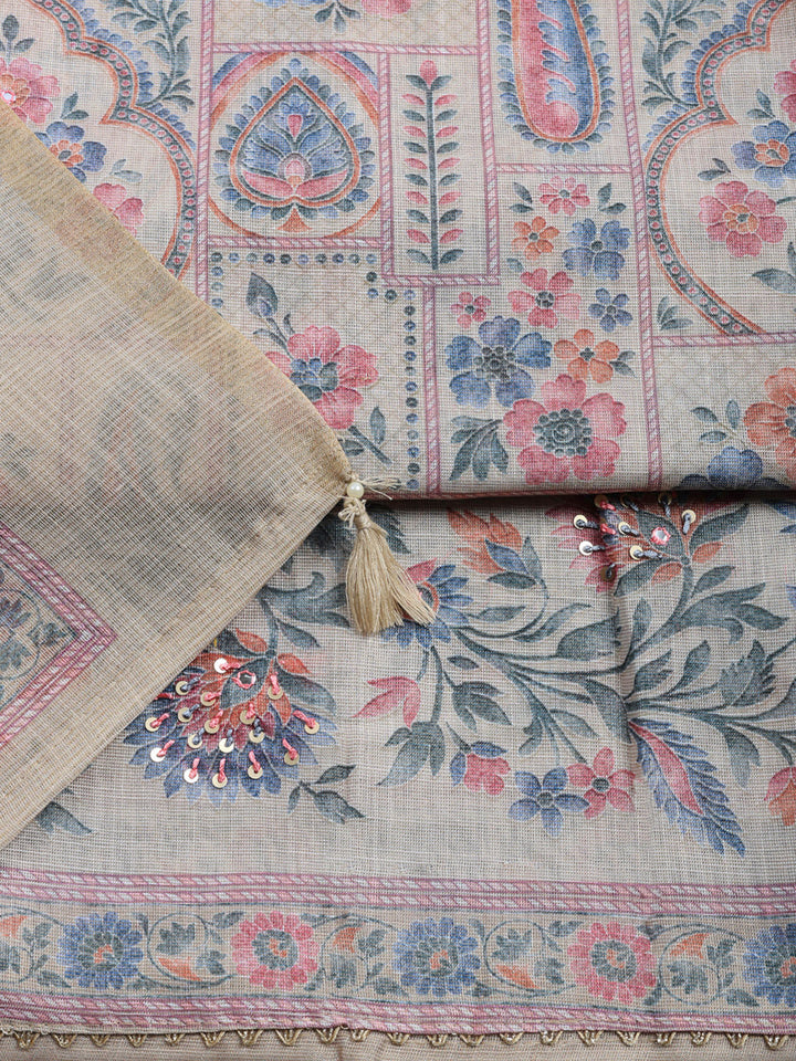 Printed Linen Blend Unstitched Suit With Pant &amp; Dupatta