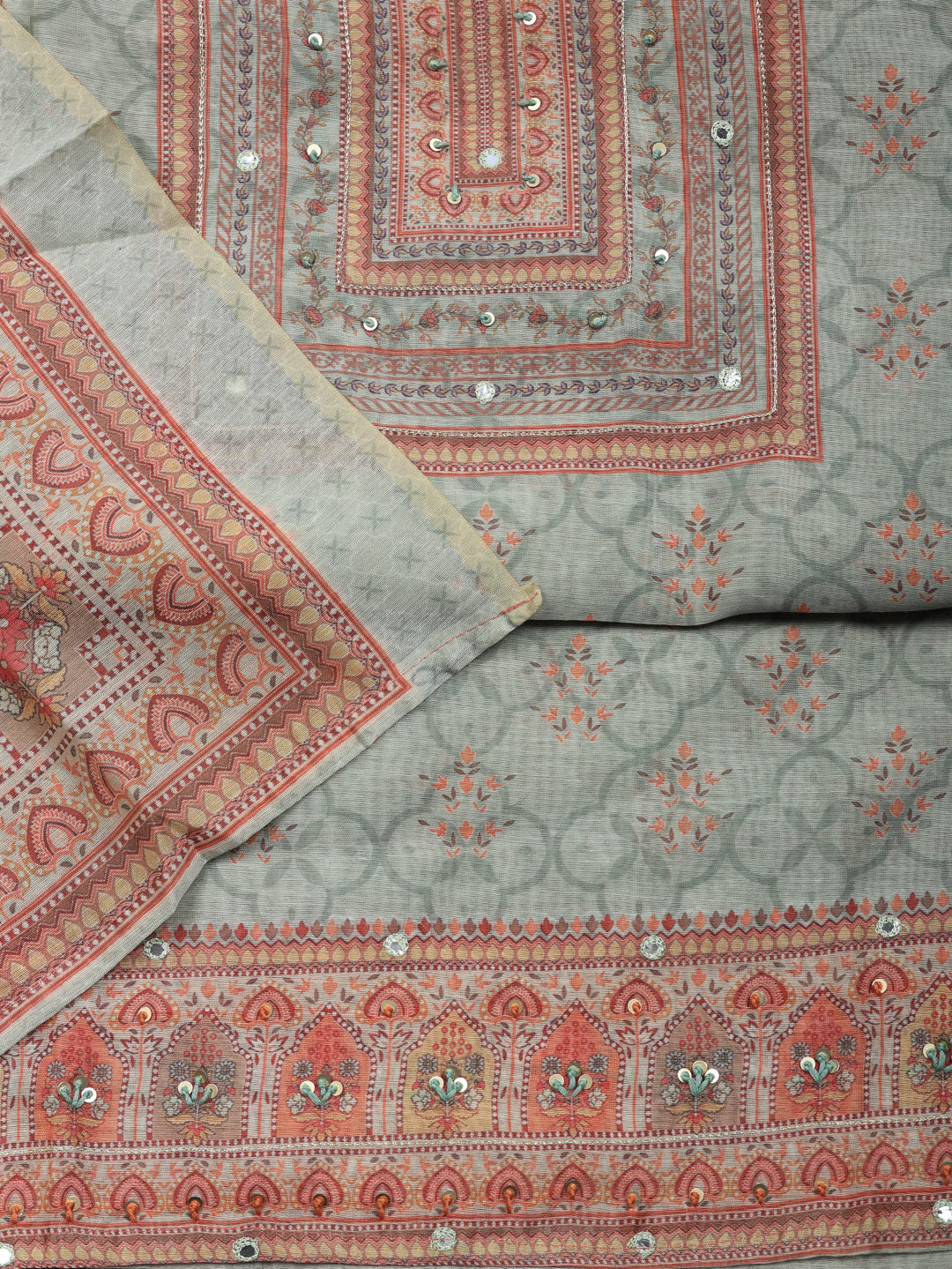 Embellished Chanderi Unstitched Suit With Pant &amp; Dupatta