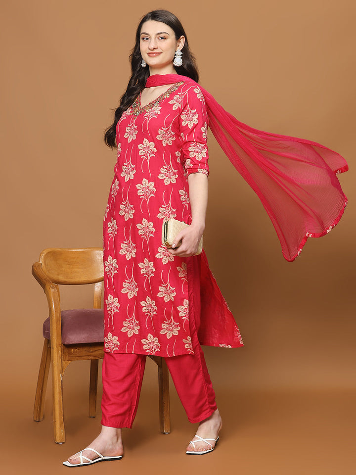 Printed Cotton Blend Kurta With Pants &amp; Dupatta
