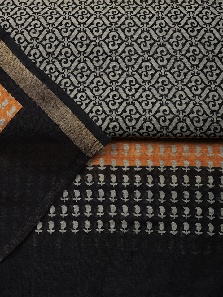 Printed Chanderi Unstitched Suit With Pant &amp; Dupatta