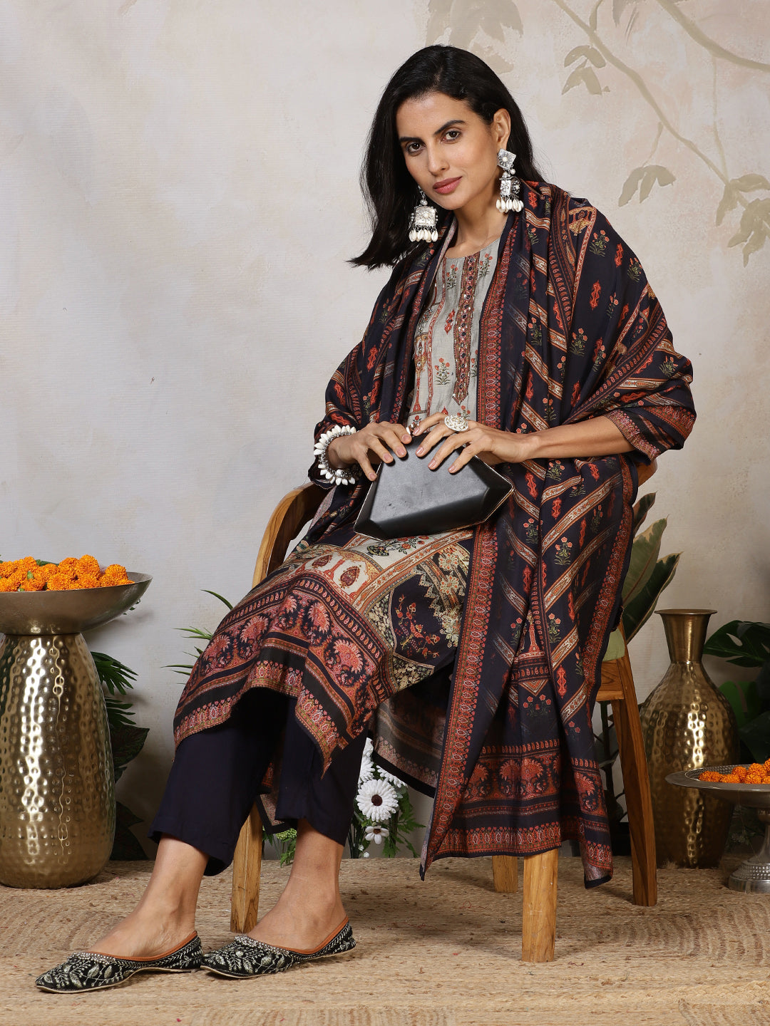 Printed Cotton Blend Kurta With Pants & Dupatta