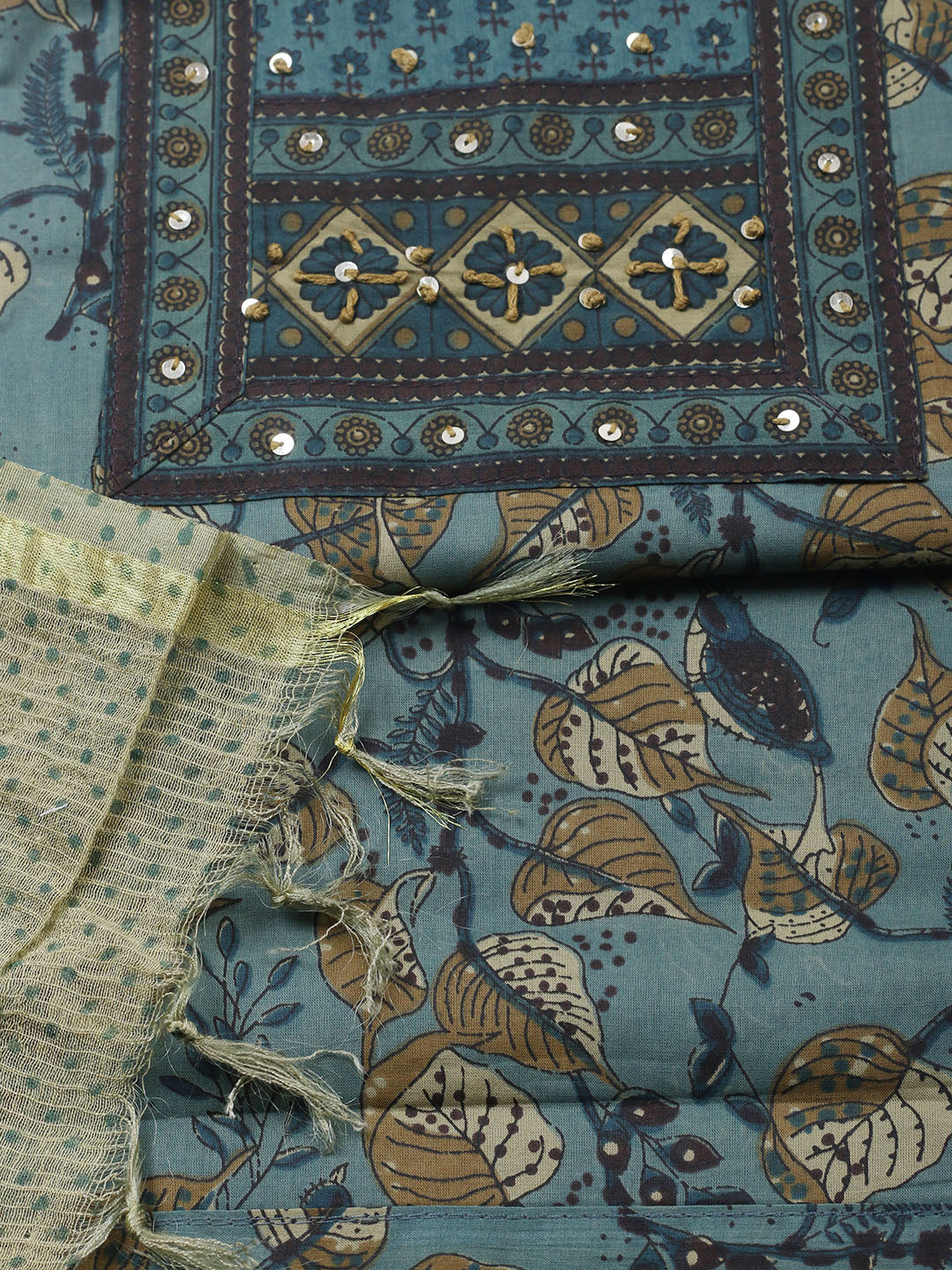 Printed Cotton Blend Unstitched Suit With Pant &amp; Dupatta
