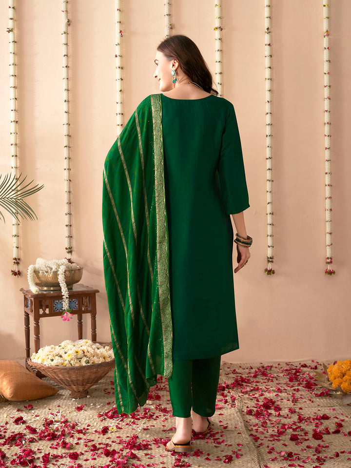 Embroidered Silk Kurta With Pant &amp; Dupatta