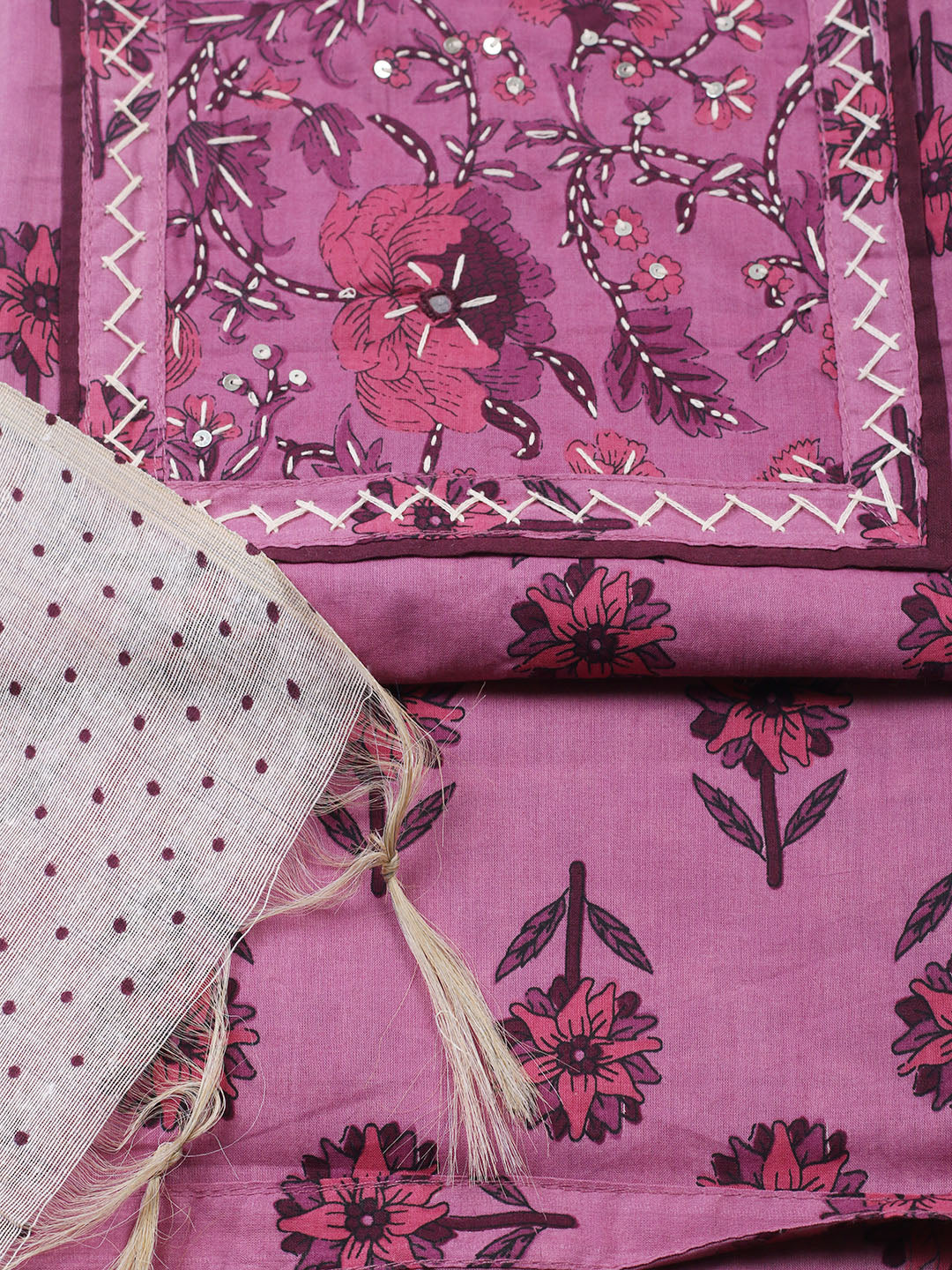 Printed Cotton Blend Unstitched Suit With Pant &amp; Dupatta