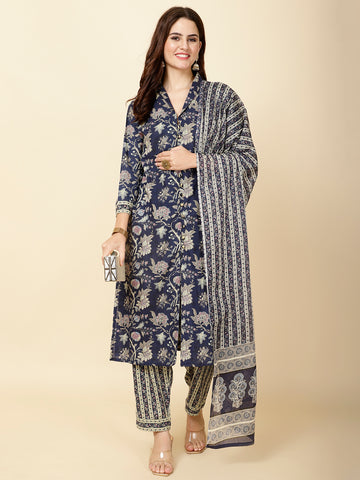 Block Print Cotton Suit Set With Dupatta