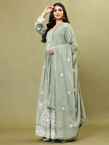 Resham Embroidered Georgette Kurta With Palazzo And Dupatta