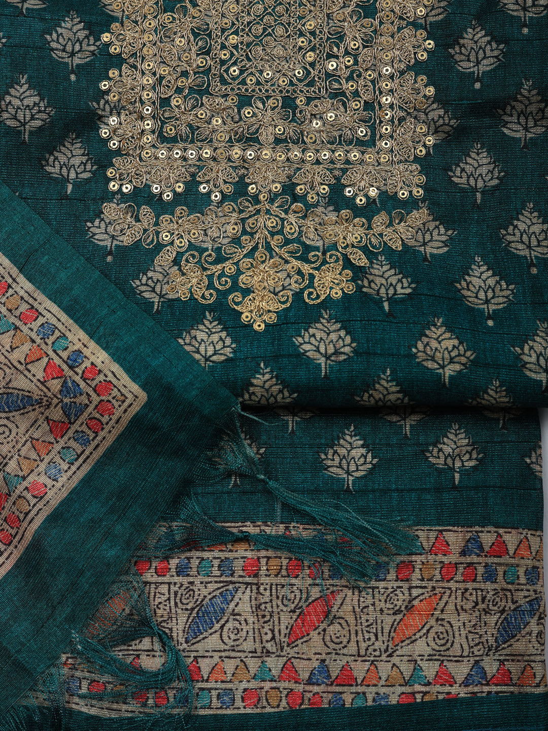 Embroidered Cotton Blend Unstitched Suit With Pant &amp; Dupatta