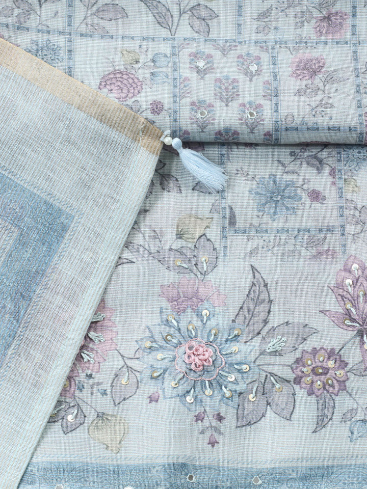Printed Linen Blend Unstitched Suit With Pant &amp; Dupatta