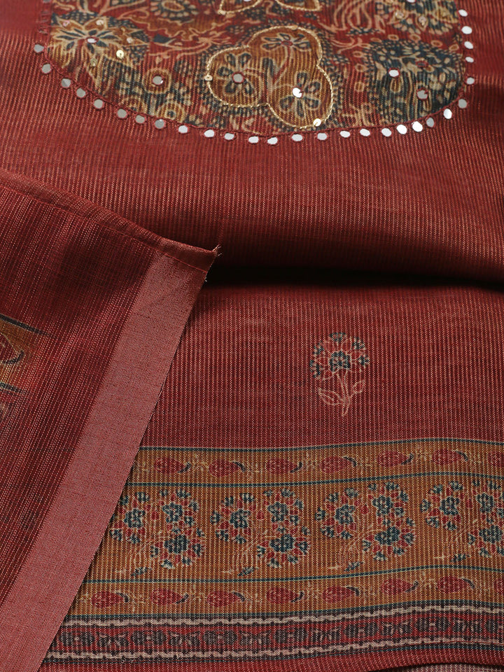 Embroidered Chanderi Unstitched Suit With Pant &amp; Dupatta
