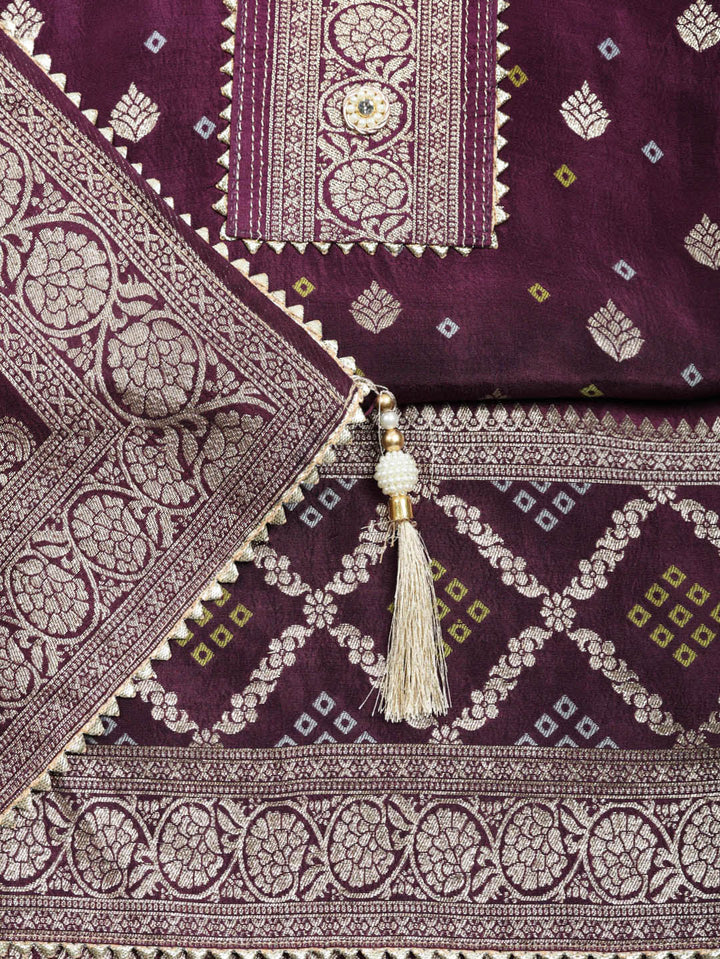 Embroidered Chanderi Unstitched Suit With Pant &amp; Dupatta