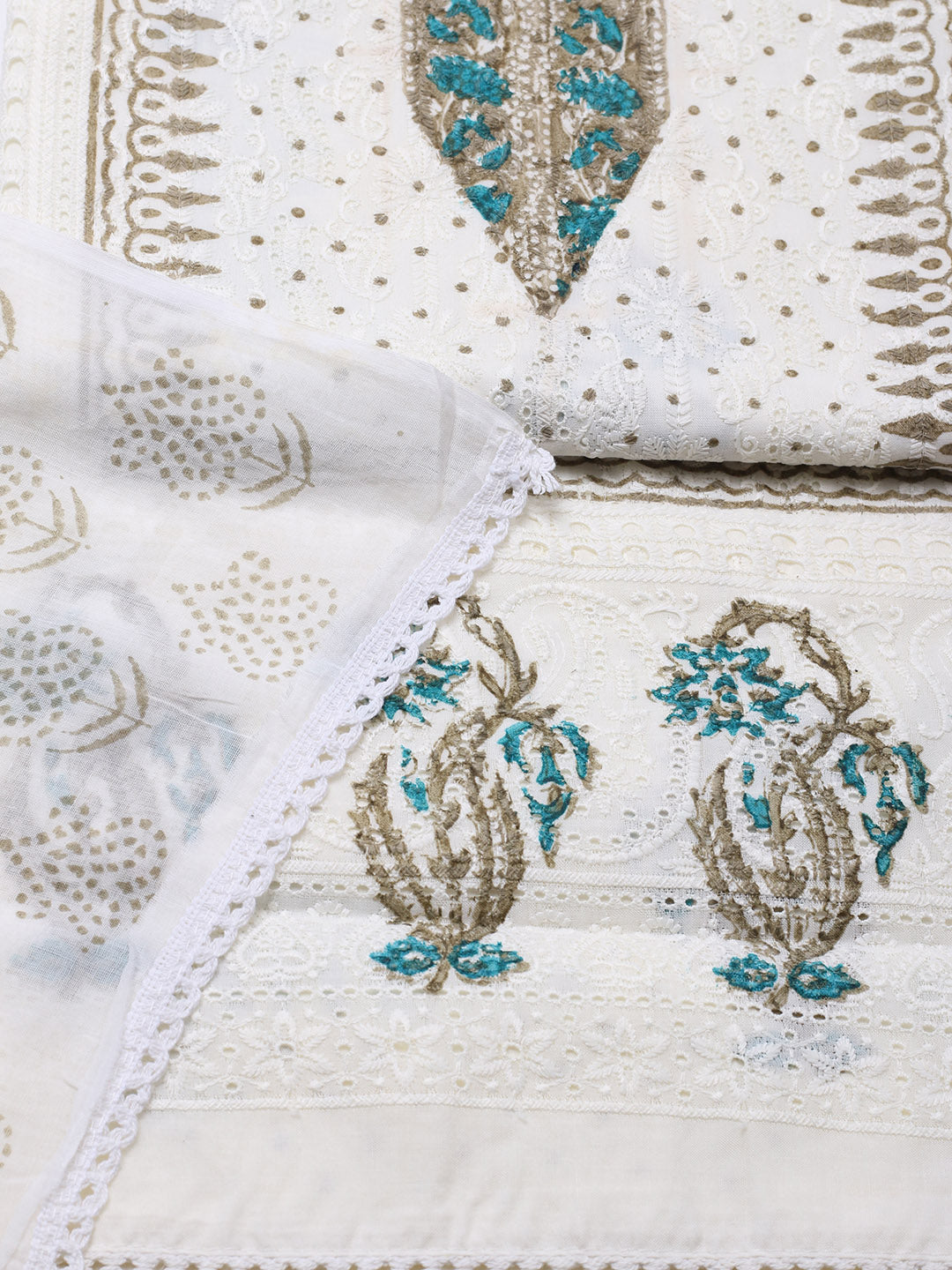 Printed Cotton Blend Unstitched Suit With Pant &amp; Dupatta