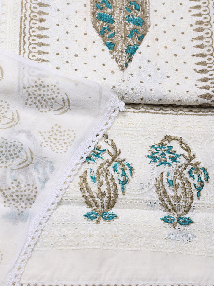 Printed Cotton Blend Unstitched Suit With Pant &amp; Dupatta
