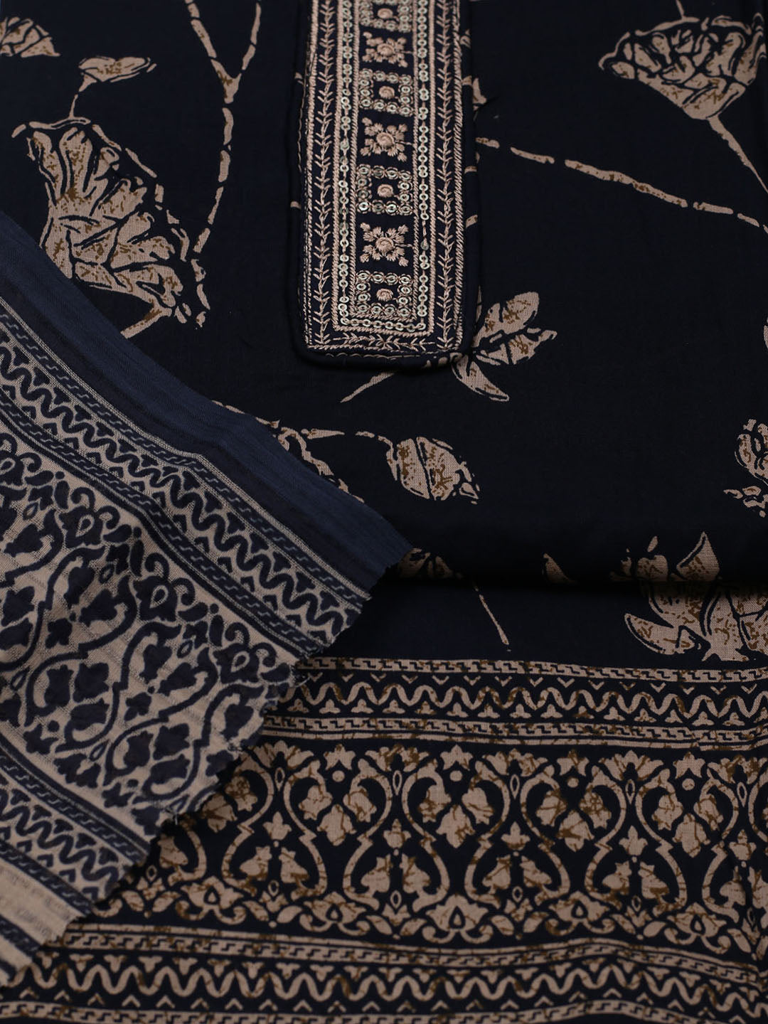 Patch Neck Cotton Blend Unstitched Suit With Dupatta