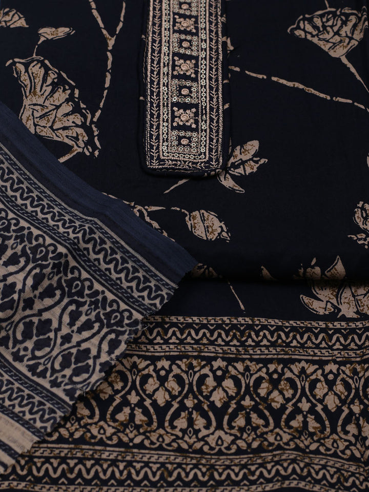 Patch Neck Cotton Blend Unstitched Suit With Dupatta
