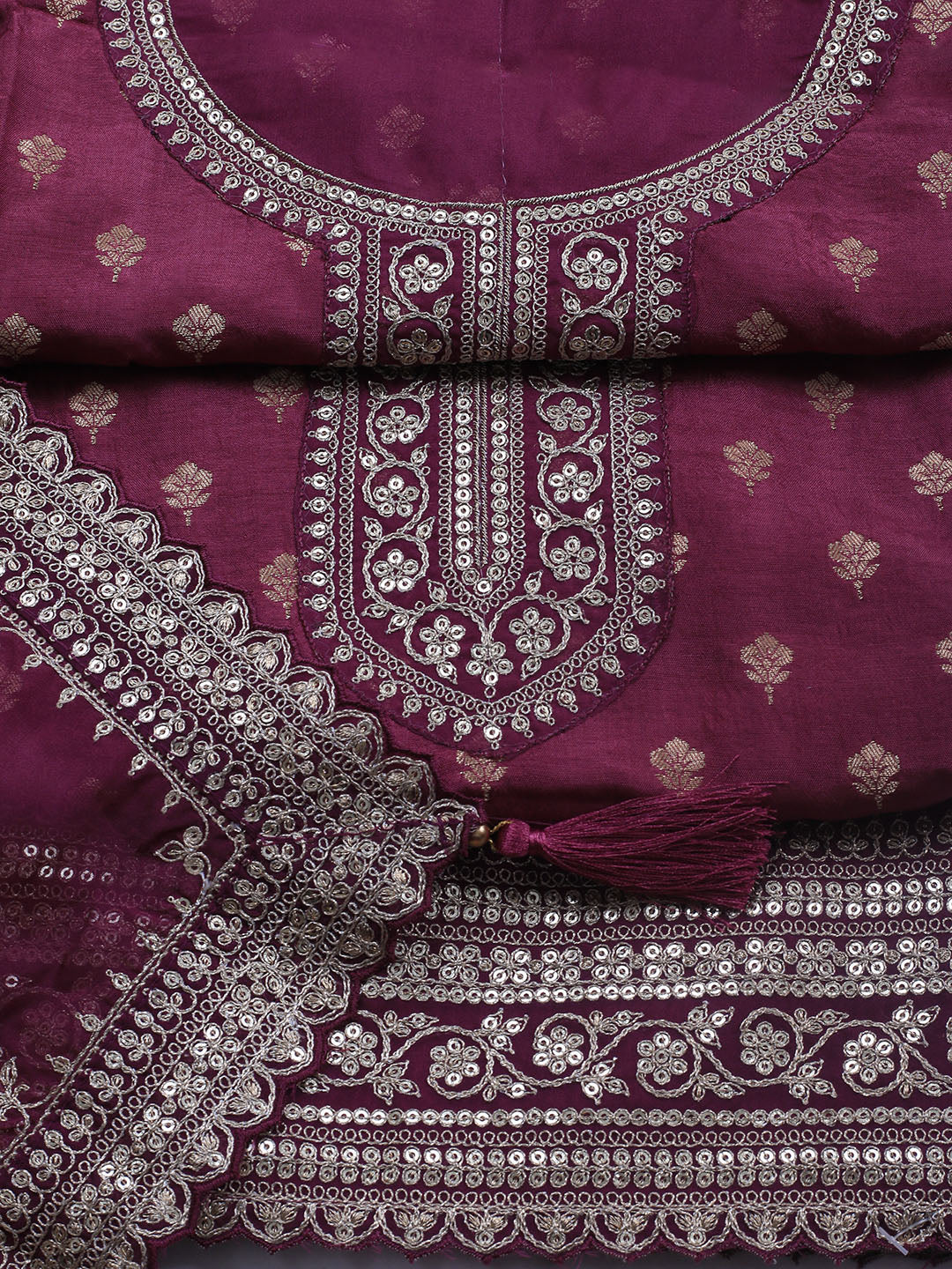 Embroidered Art Silk Unstitched Suit Piece With Dupatta