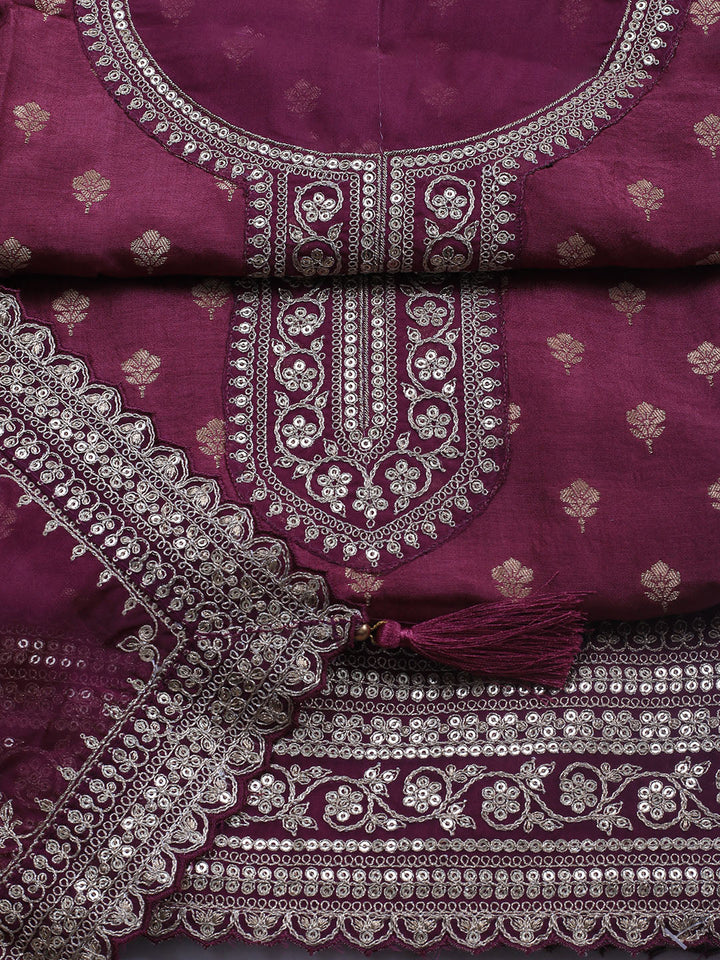 Embroidered Art Silk Unstitched Suit Piece With Dupatta