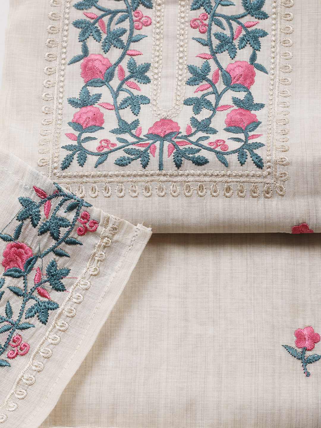 Embroidered Tussar Silk Unstitched Suit With Pant &amp; Dupatta