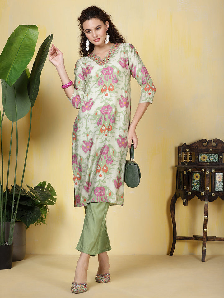 Neck Embroidered Muslin Kurta With Pants