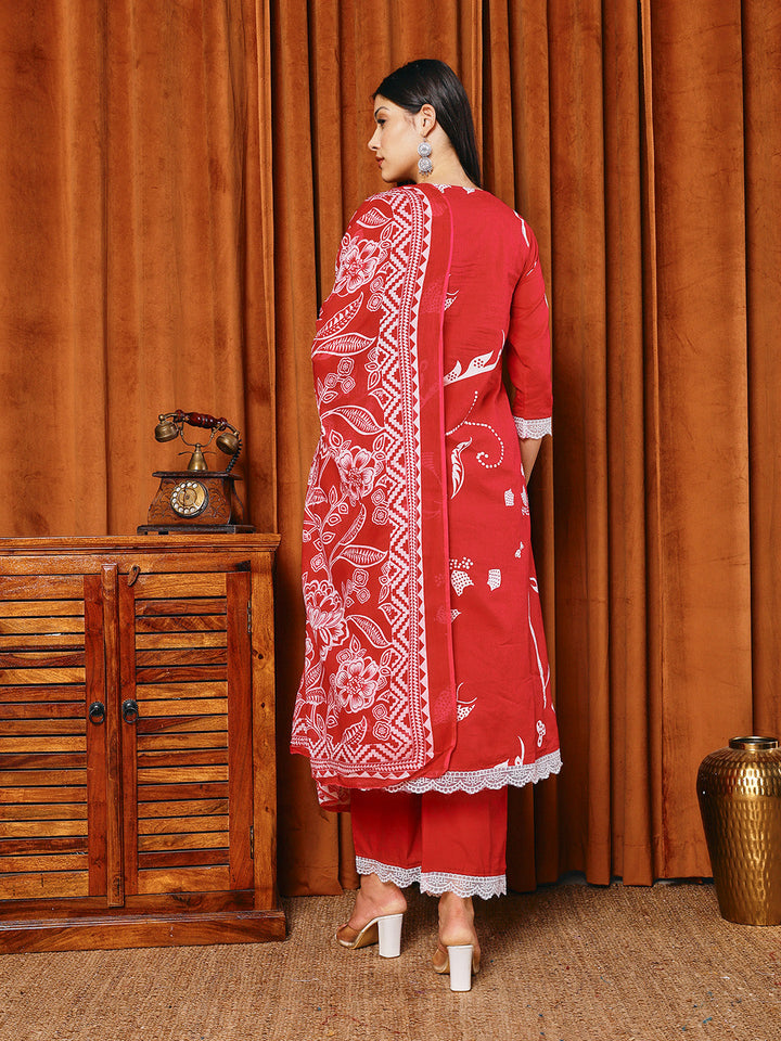 Printed Cotton Blend Kurta With Pants &amp; Dupatta
