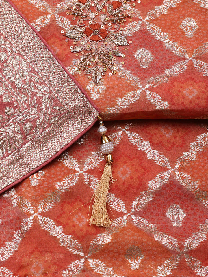 Embroidered Chanderi Unstitched Suit With Pant &amp; Dupatta