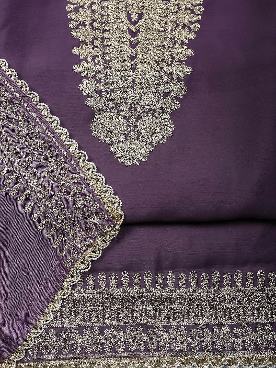 Embroidered Chanderi Unstitched Suit With Pant &amp; Dupatta