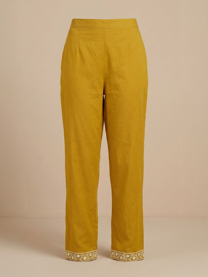 Mustard Embroidered Cotton Blend Straight Round Neck Suit Set