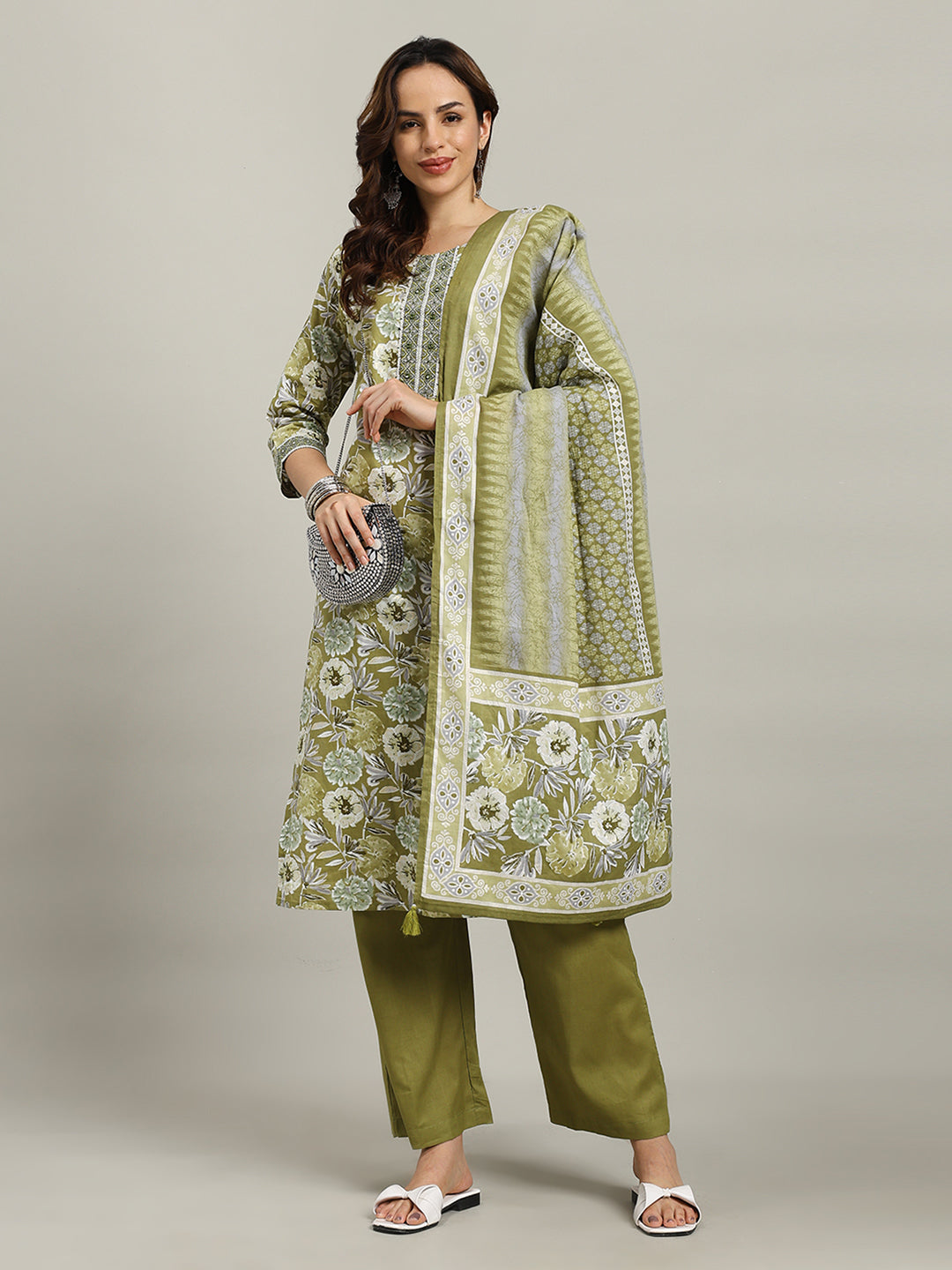 Floral Parinted Cotton Blend Kurta With Pants & Dupatta