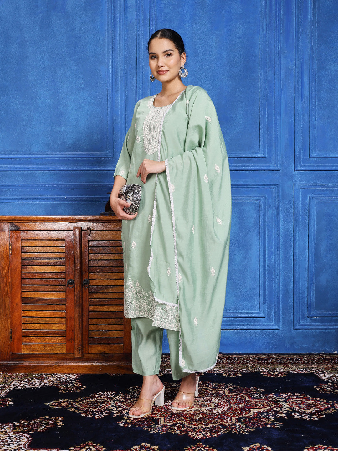 Printed Cotton Blend Kurta With Pants & Dupatta