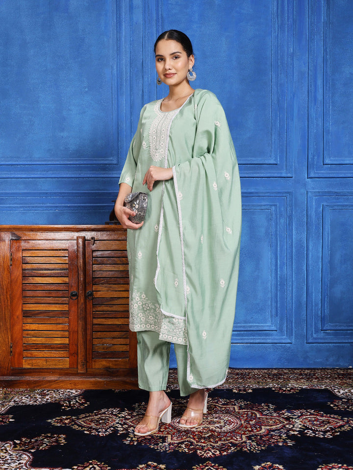 Printed Cotton Blend Kurta With Pants &amp; Dupatta