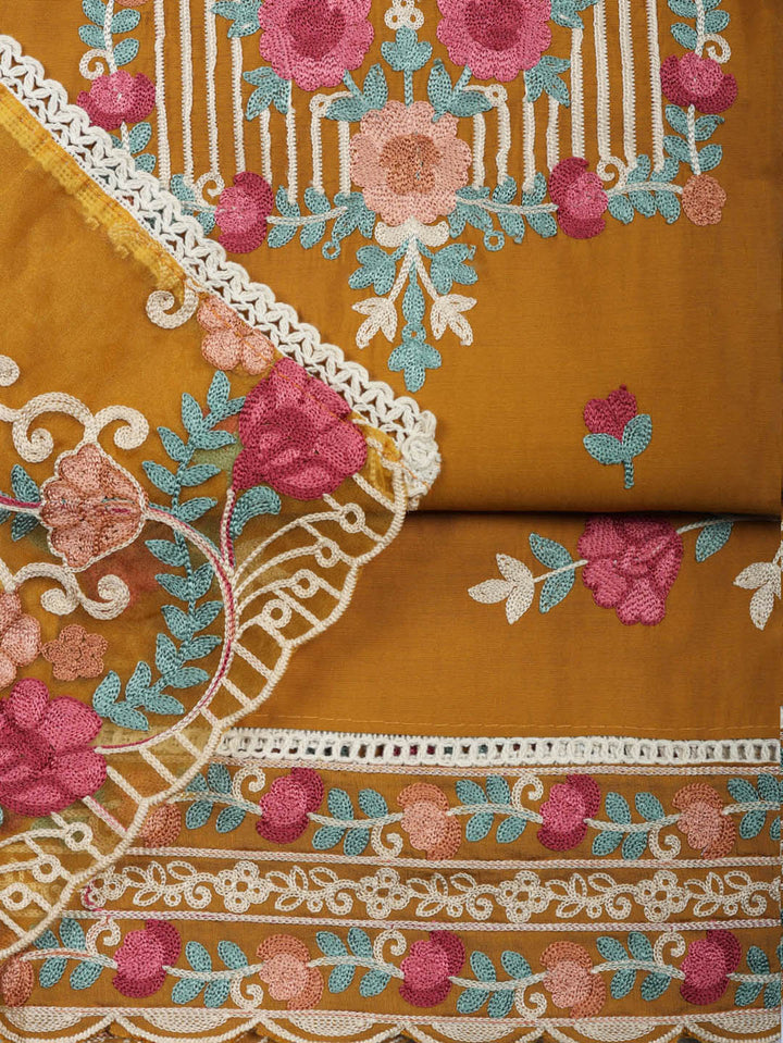 Embroidered Cotton Blend Unstitched Suit With Pant &amp; Dupatta