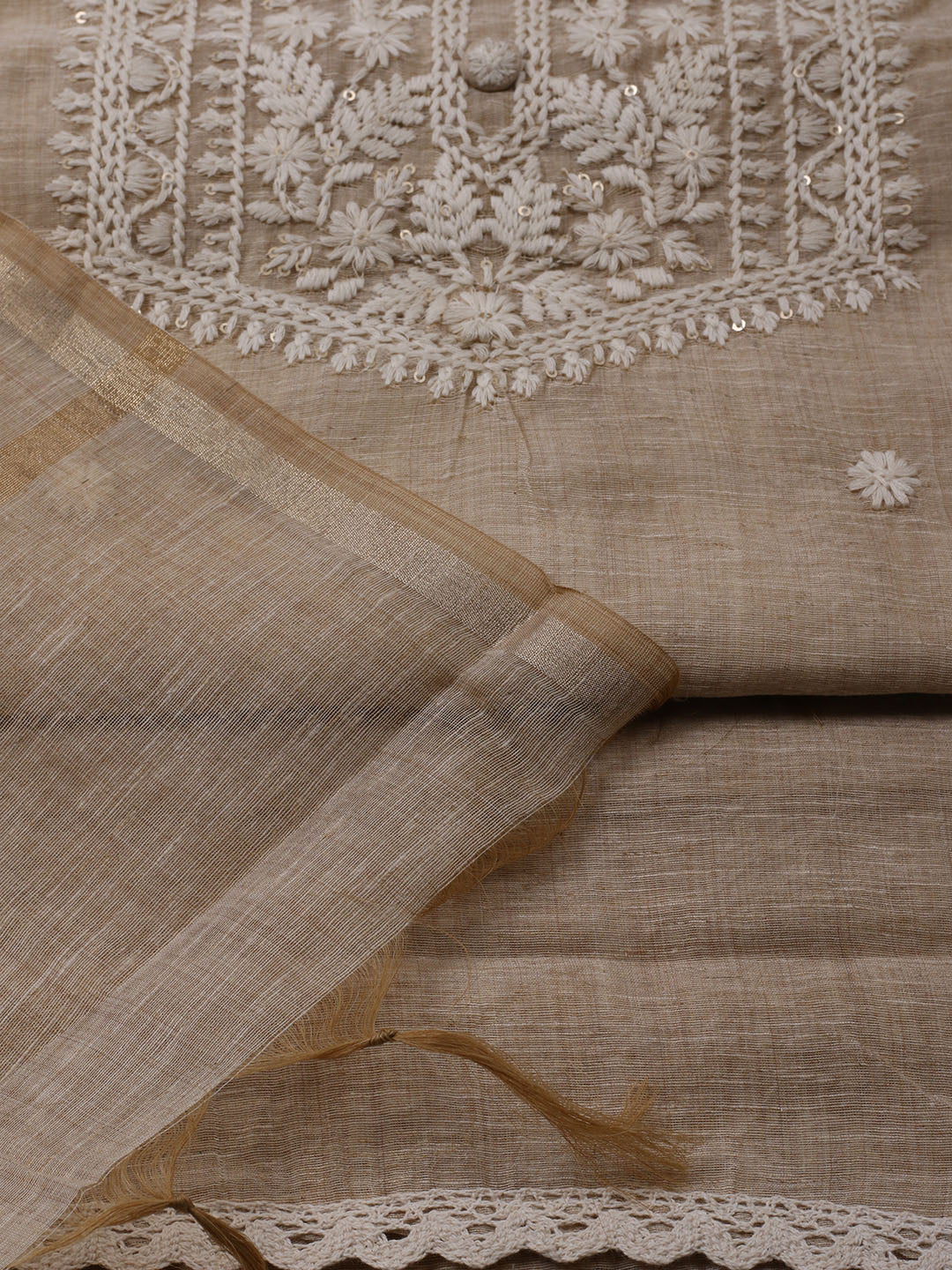Neck Embroidered Linen Unstitched Suit With Dupatta