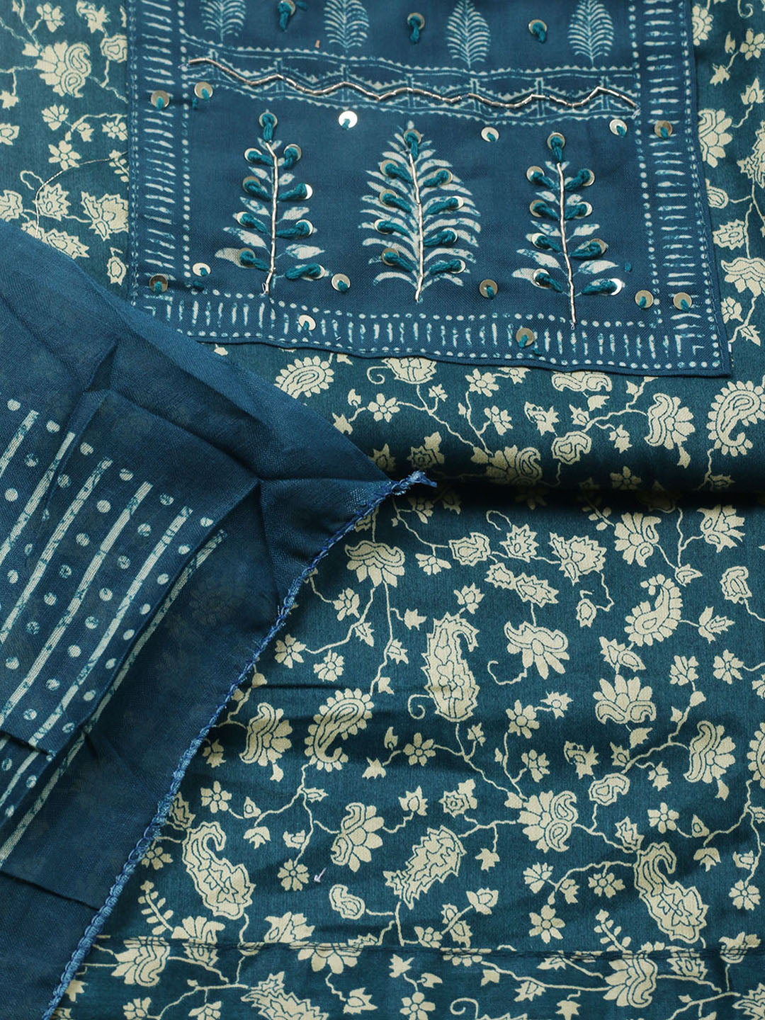 Printed Cotton Blend Unstitched Suit With Pant &amp; Dupatta
