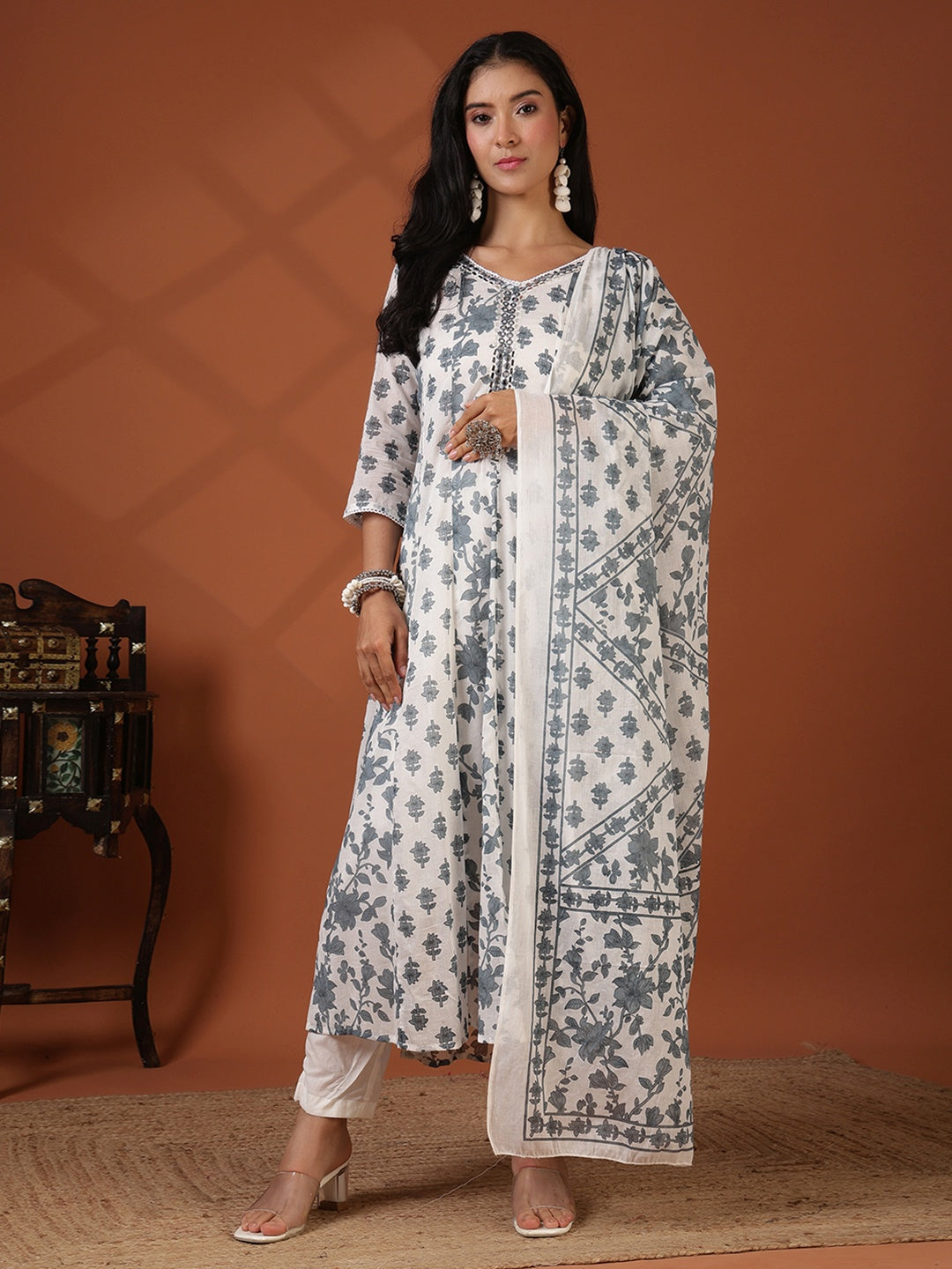 Printed Cotton Blend Kurta With Pant &amp; Dupatta
