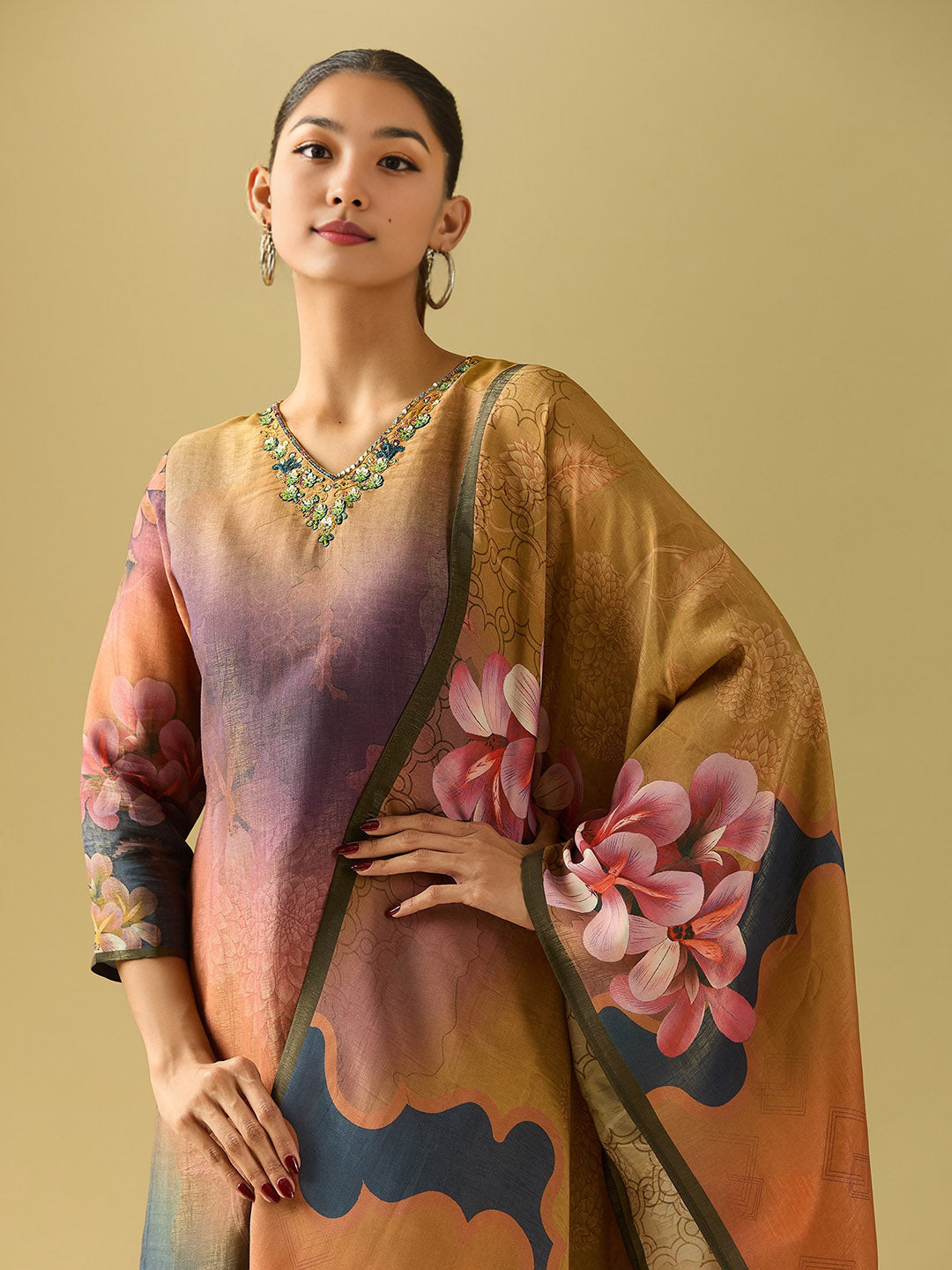 Neck Embroidery Muslin Kurta With Pants &amp; Dupatta