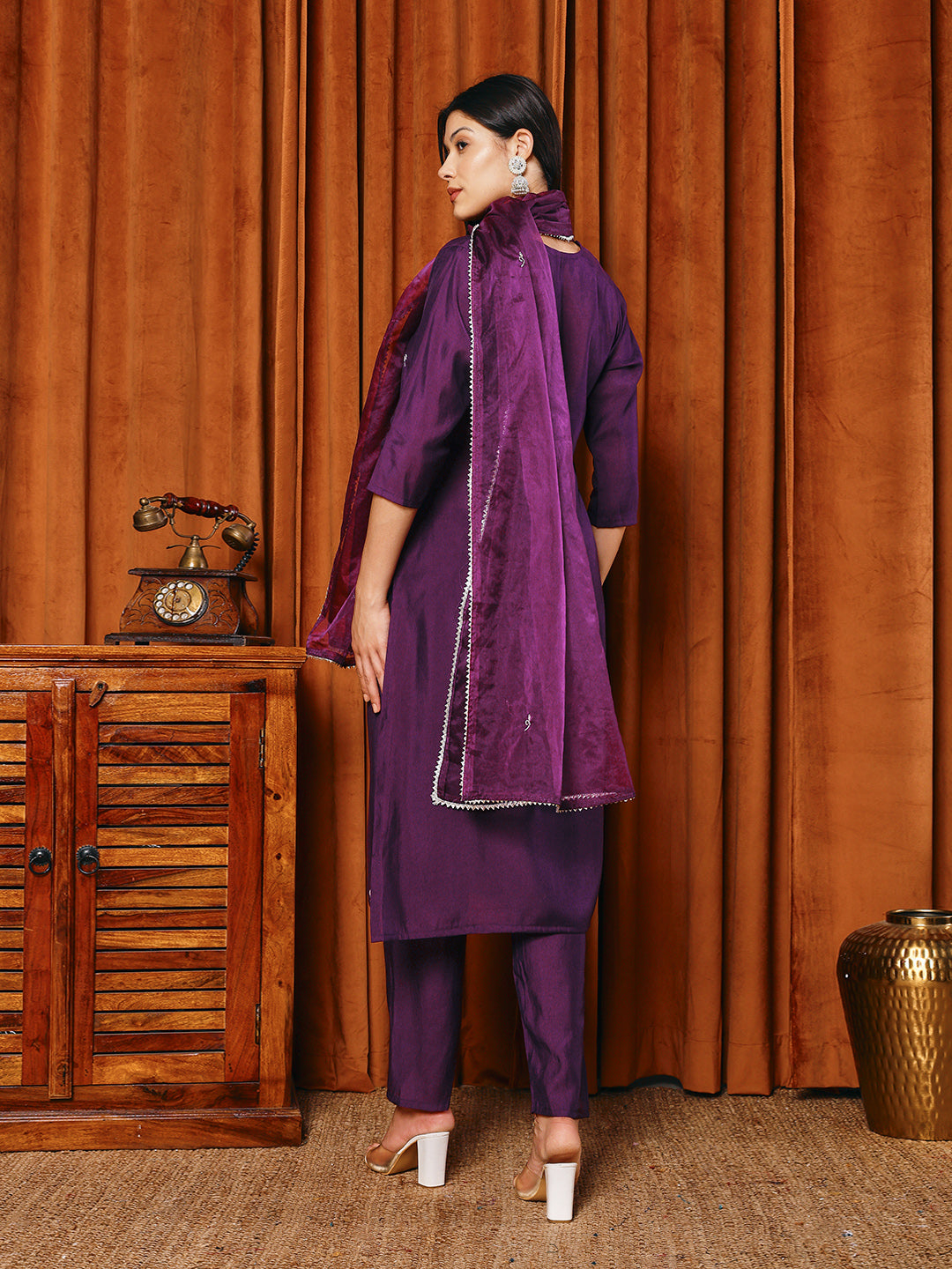 Resham Work Cotton Blend Kurta With Pants & Dupatta