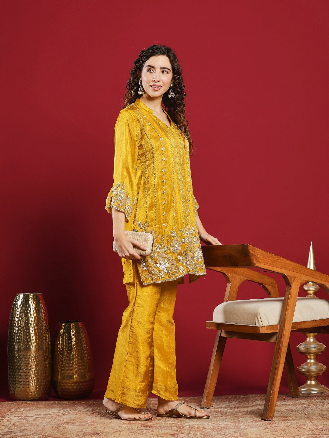 Embroidered Chinon Kurta With Palazzo
